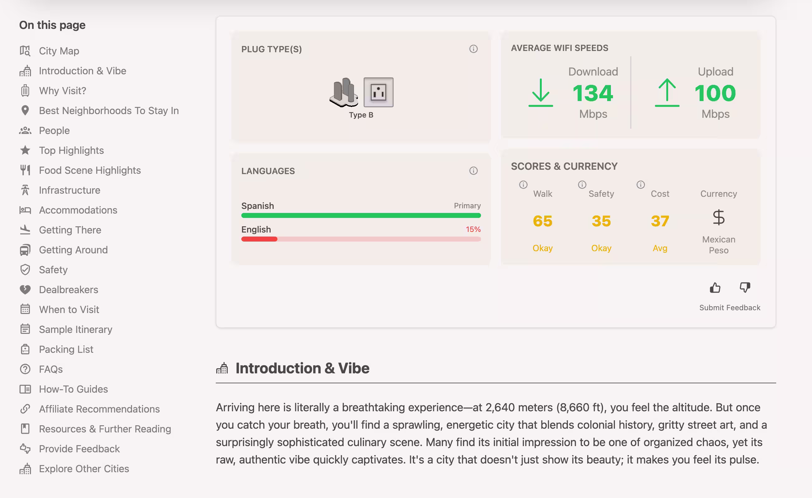Screenshot of a city guide